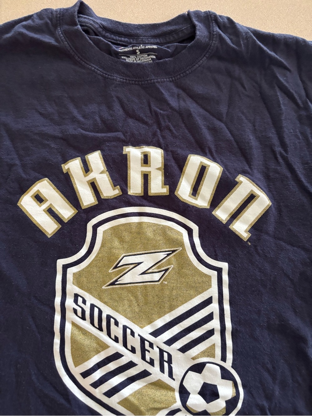 Champion Akron Soccer Blue Crewneck Tee with White Logo